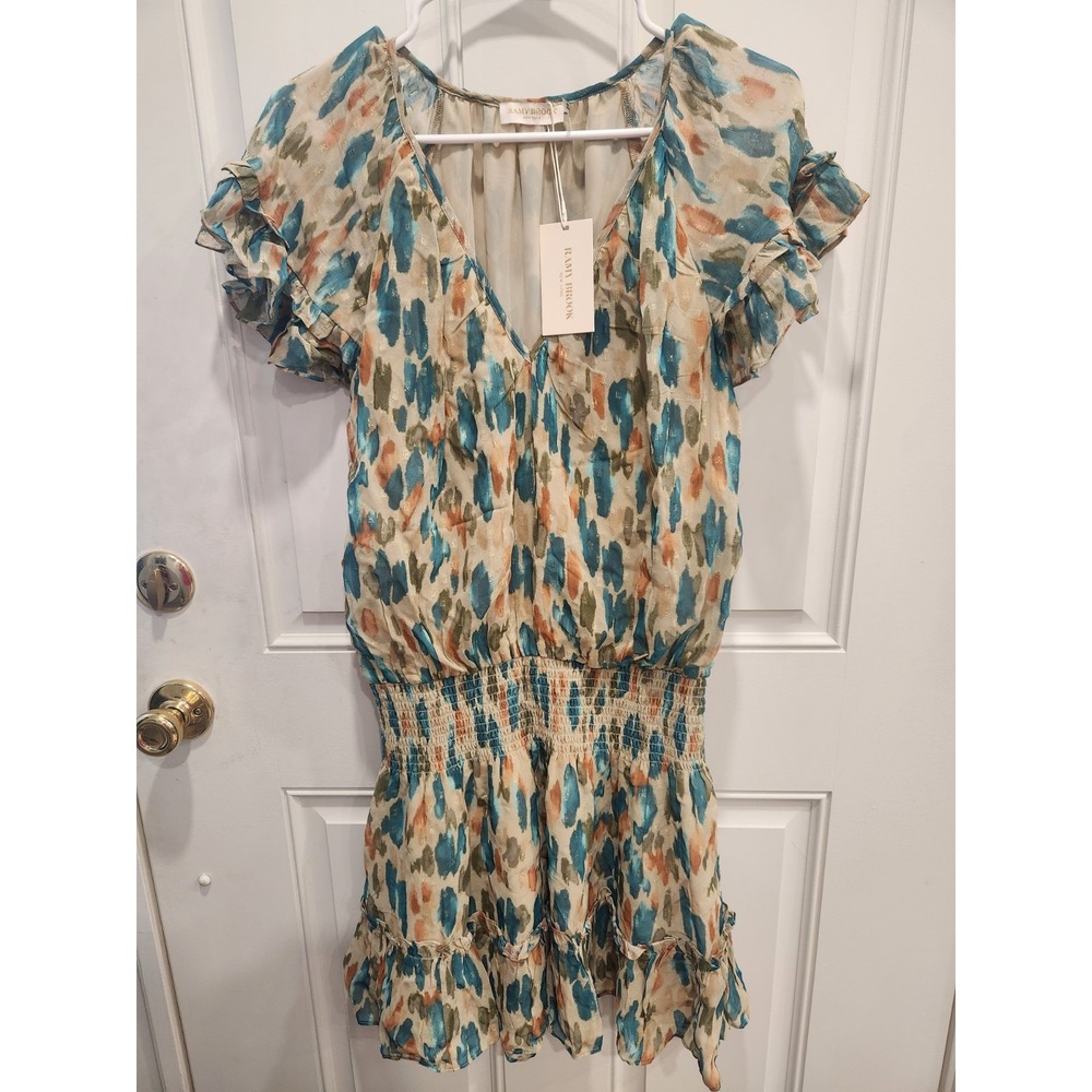 Ramy Brook Teal, Cream & Tan Abstract Print Mini Dress NWT
